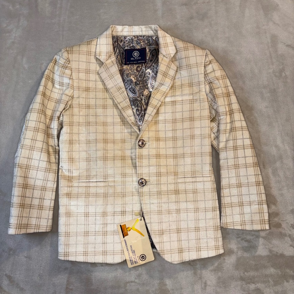 Blazo Boys Plaid Blazer Cream Tan Checkered Suit Jacket Elbow Patches Size 4/24